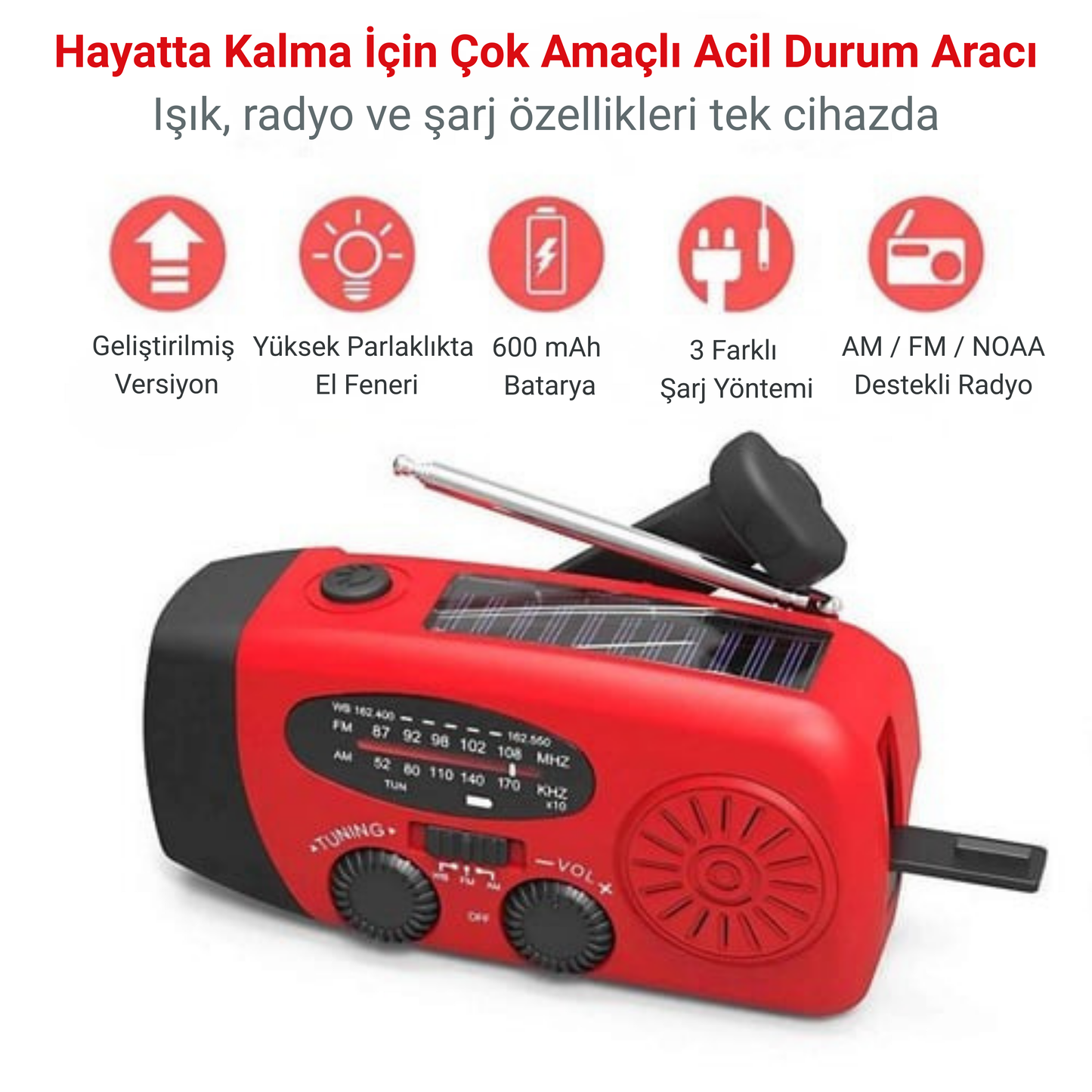 Acil Durum Radyosu – Telefon Şarjlı & Güneş Enerjili