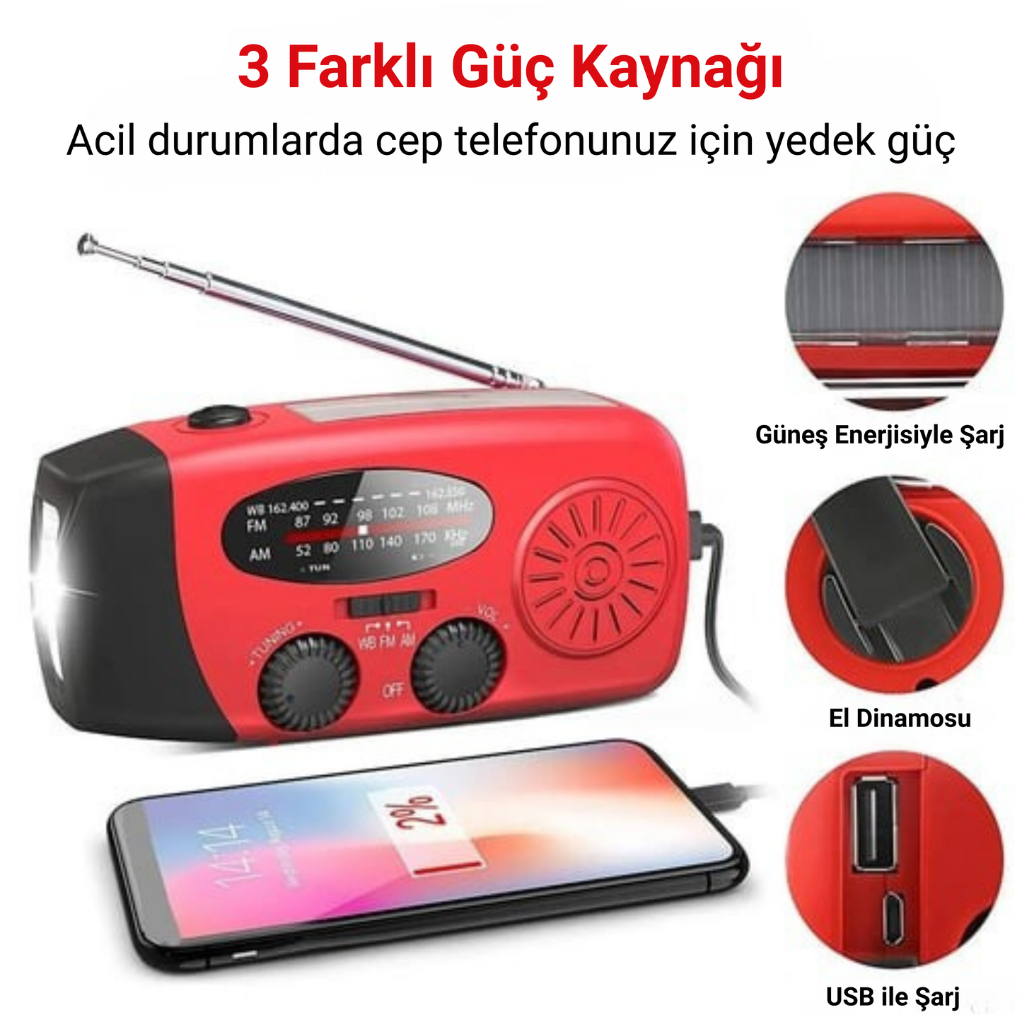 Acil Durum Radyosu – Telefon Şarjlı & Güneş Enerjili
