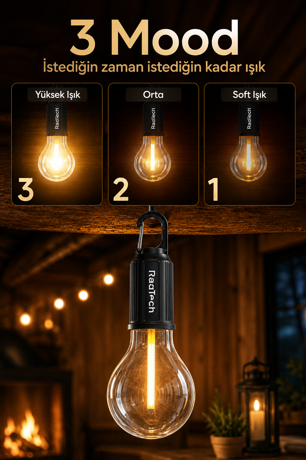 3 Modlu Solar Şarjlı Kamp Ampulü - Type-C Taşınabilir LED Ampul