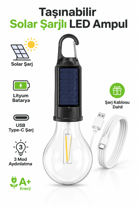 3 Modlu Solar Şarjlı Kamp Ampulü - Type-C Taşınabilir LED Ampul
