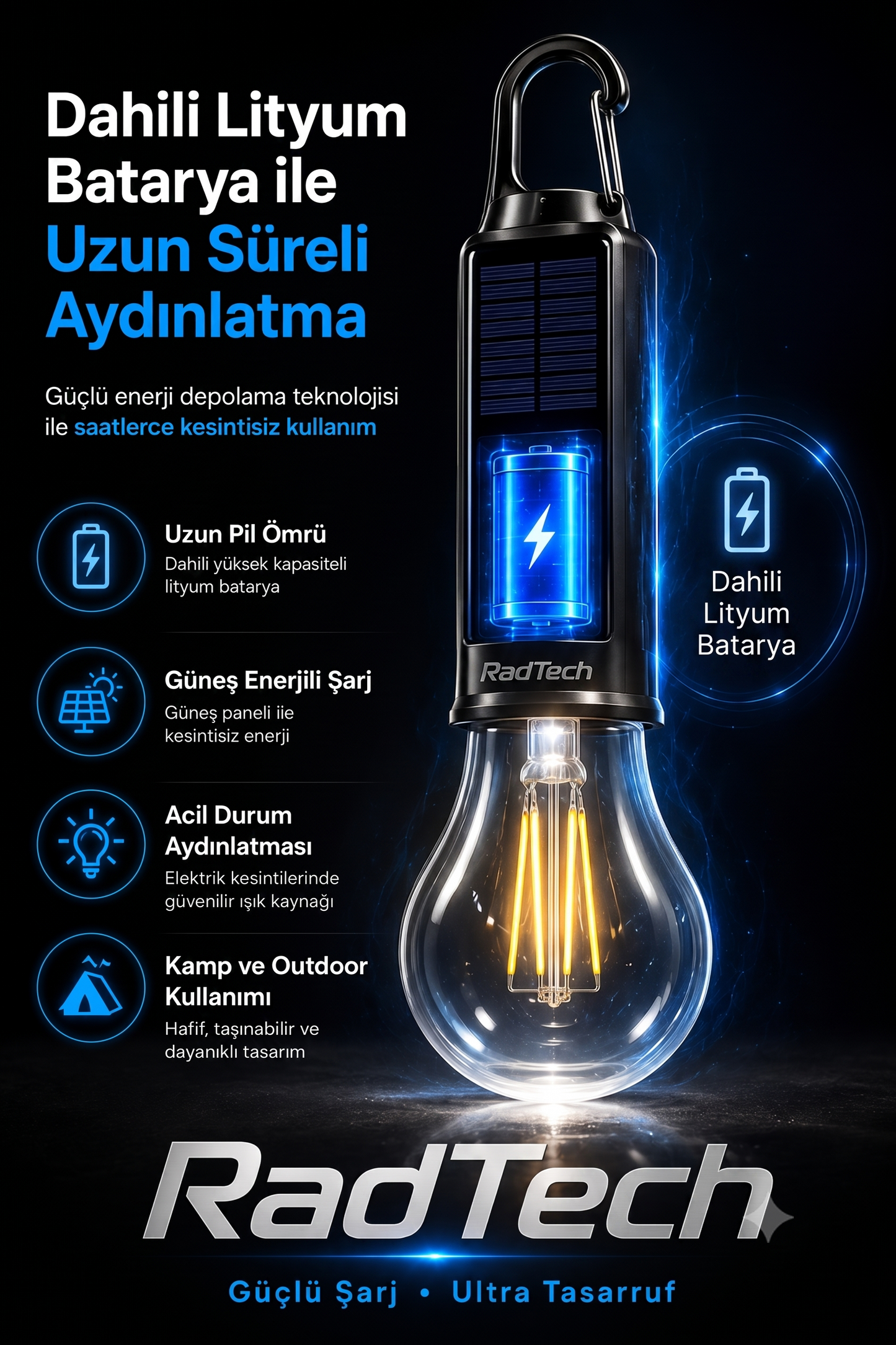 3 Modlu Solar Şarjlı Kamp Ampulü - Type-C Taşınabilir LED Ampul