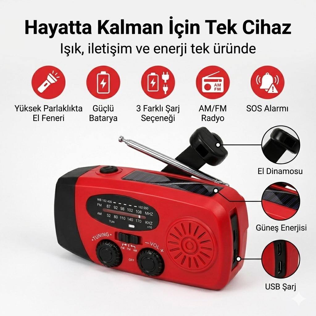 Acil Durum Radyosu – Telefon Şarjlı & Güneş Enerjili