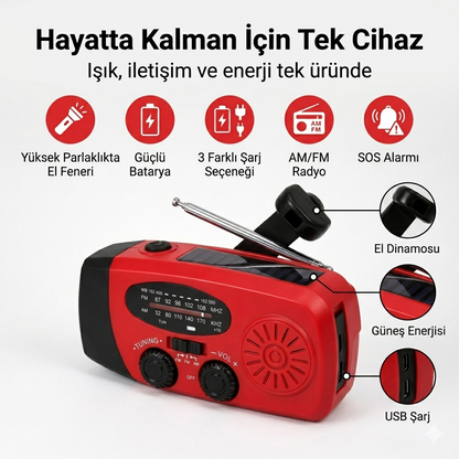 Acil Durum Radyosu – Telefon Şarjlı & Güneş Enerjili