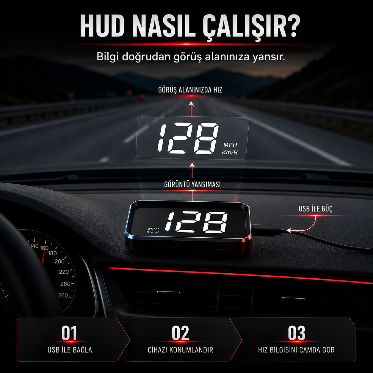 RadTech Garage Head Up Display Cama Yansıtmalı Hız Göstergesi