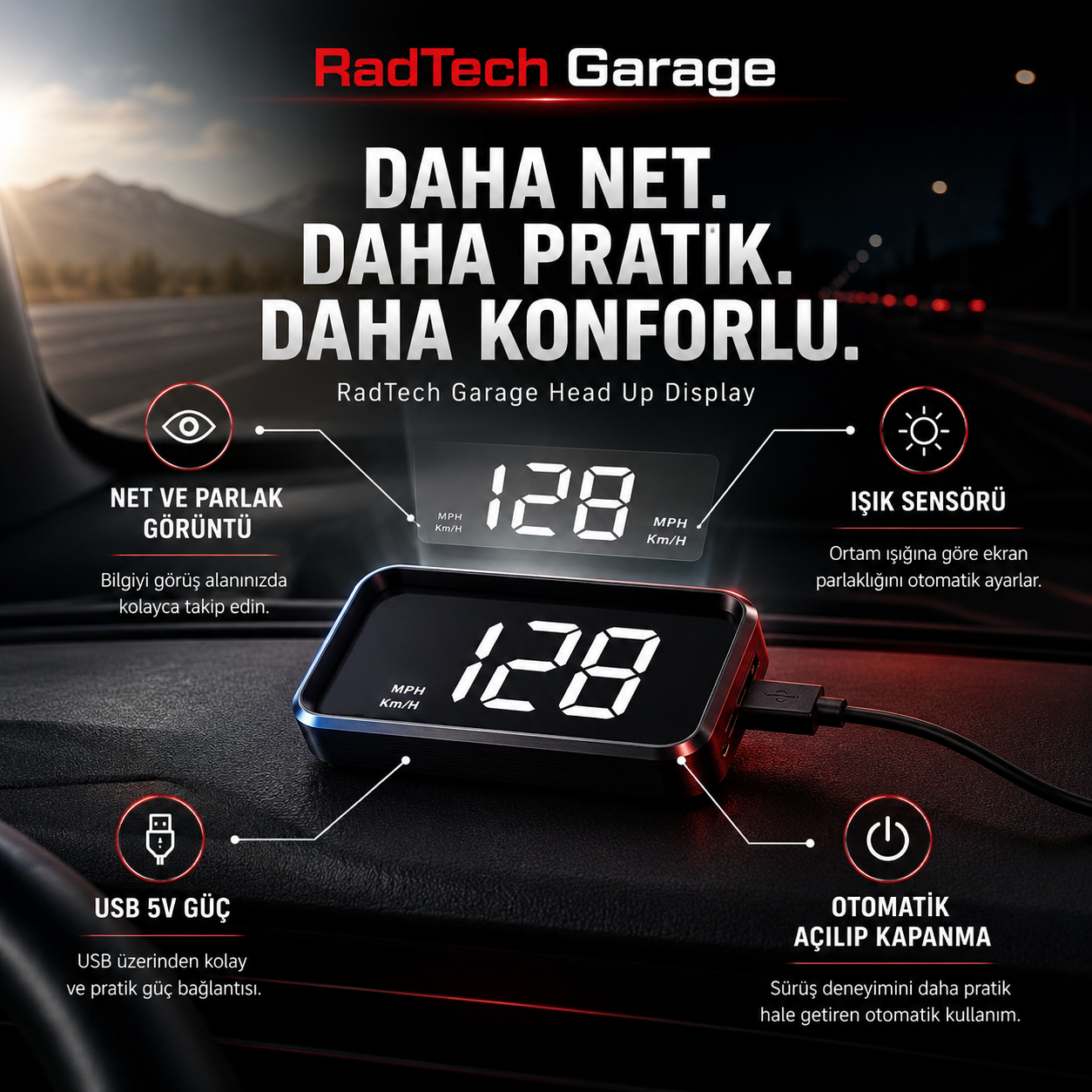 RadTech Garage Head Up Display Cama Yansıtmalı Hız Göstergesi