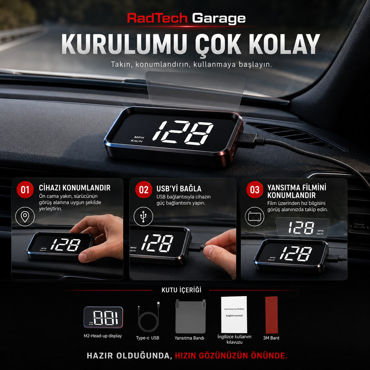 RadTech Garage Head Up Display Cama Yansıtmalı Hız Göstergesi